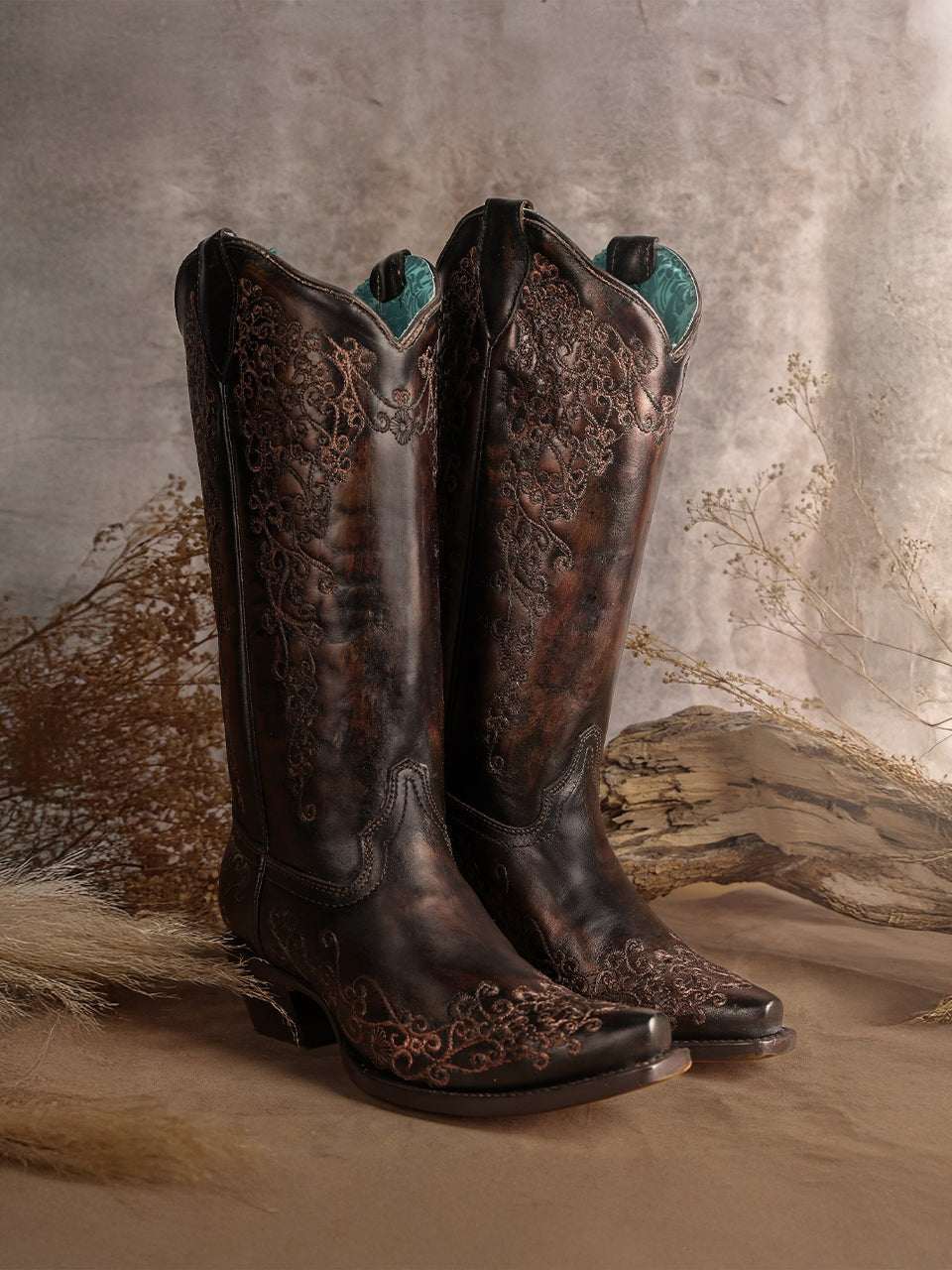 Women's Corral Black Genuine Leather Boots with Honey Floral Embroidery