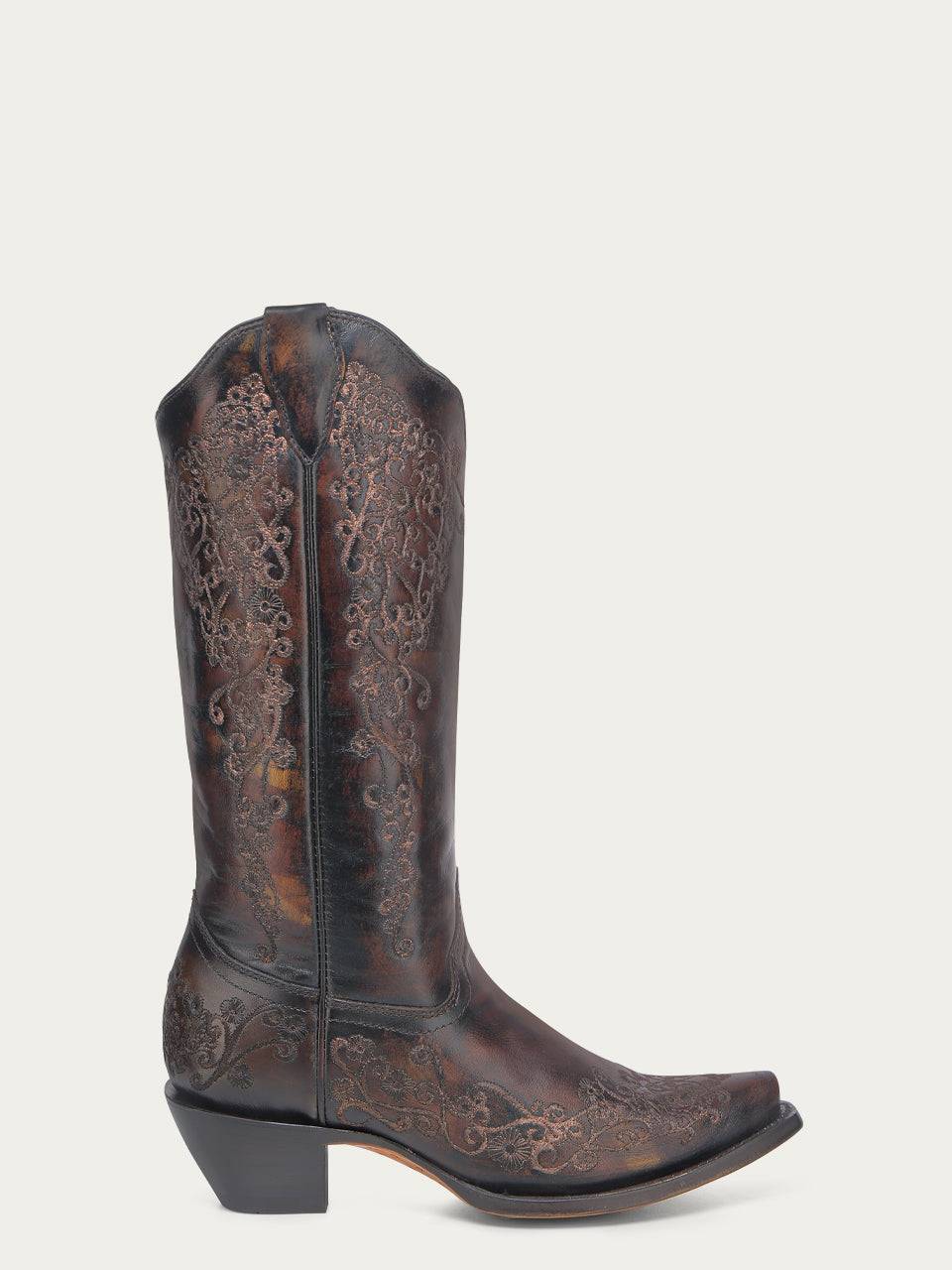 Women's Corral Black Genuine Leather Boots with Honey Floral Embroidery