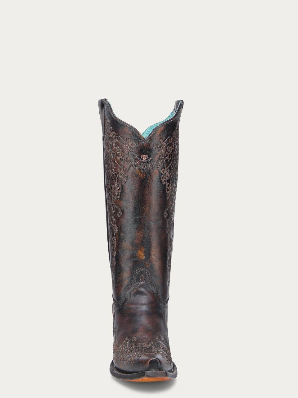 Women's Corral Black Genuine Leather Boots with Honey Floral Embroidery