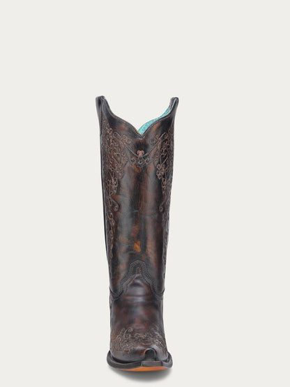 Women's Corral Black Genuine Leather Boots with Honey Floral Embroidery