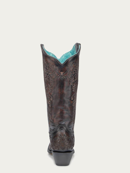 Women's Corral Black Genuine Leather Boots with Honey Floral Embroidery