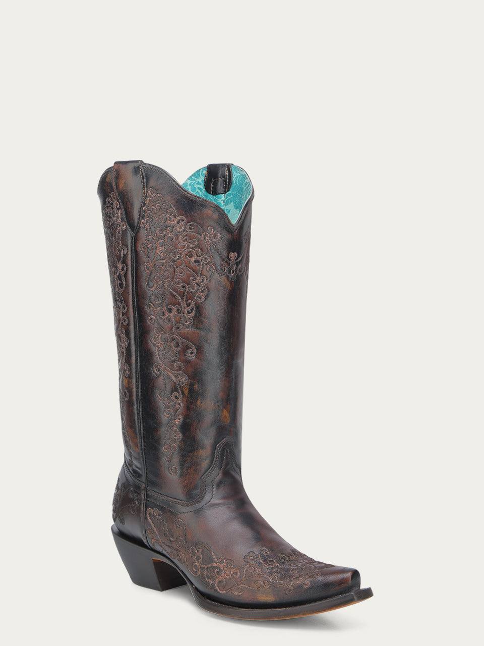 Women's Corral Black Genuine Leather Boots with Honey Floral Embroidery