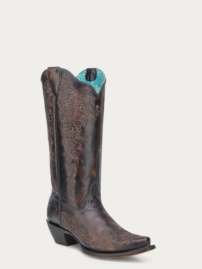 Women's Corral Black Genuine Leather Boots with Honey Floral Embroidery