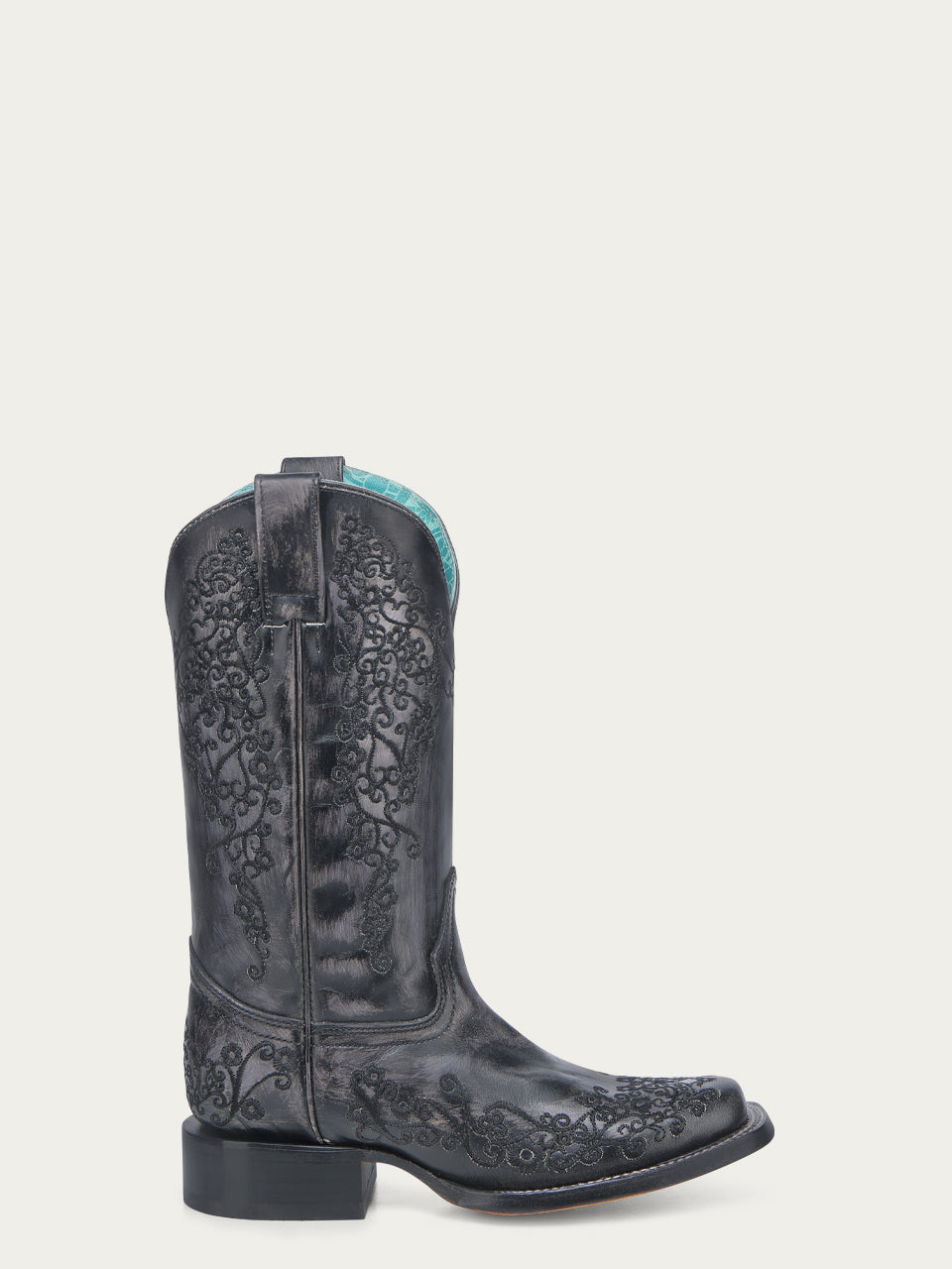 Women's Corral Black Genuine Leather Boots with Bone Floral Embroidery