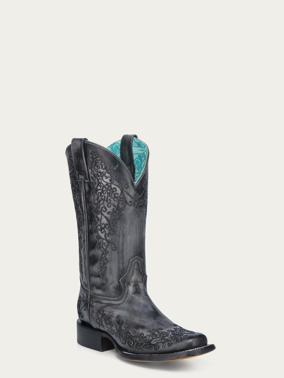 Women's Corral Black Genuine Leather Boots with Bone Floral Embroidery