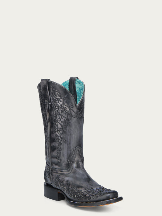 Women's Corral Black Genuine Leather Boots with Bone Floral Embroidery