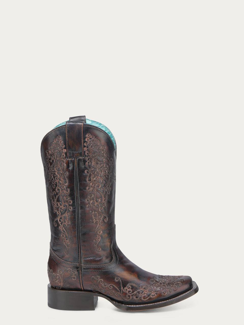 Women's Corral Black Genuine Leather Boots with Honey Floral Embroidery