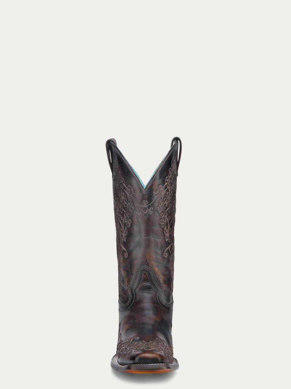 Women's Corral Black Genuine Leather Boots with Honey Floral Embroidery