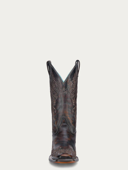 Women's Corral Black Genuine Leather Boots with Honey Floral Embroidery