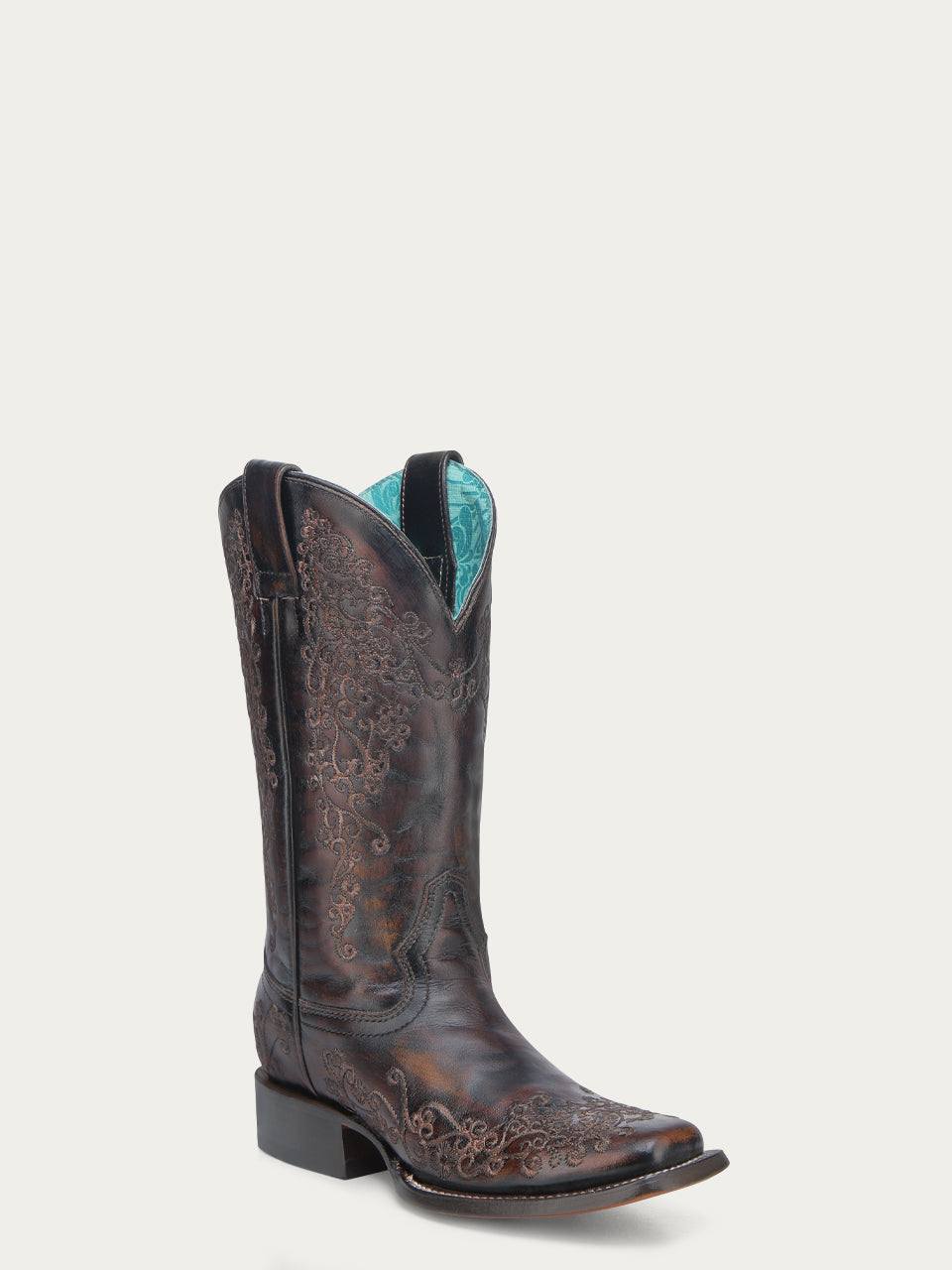Women's Corral Black Genuine Leather Boots with Honey Floral Embroidery
