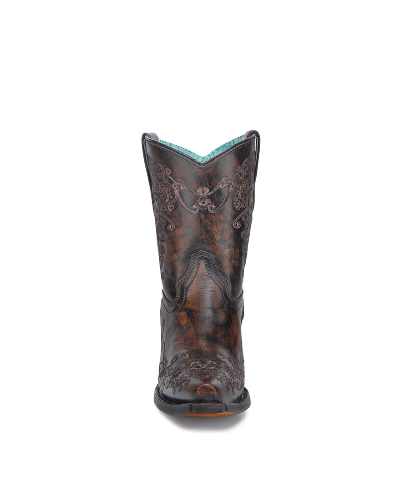 Women's Corral Black Genuine Leather Boots with Honey Floral Embroidery Ankle Boot