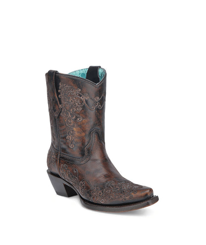 Women's Corral Black Genuine Leather Boots with Honey Floral Embroidery Ankle Boot