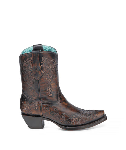 Women's Corral Black Genuine Leather Boots with Honey Floral Embroidery Ankle Boot