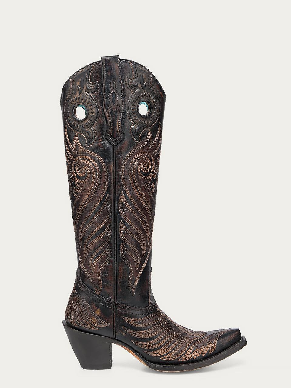 Women's Corral Black Genuine Leather Boots with Honey Overlay Pull Holes Rubber Apllication & Embroidery Tall Top