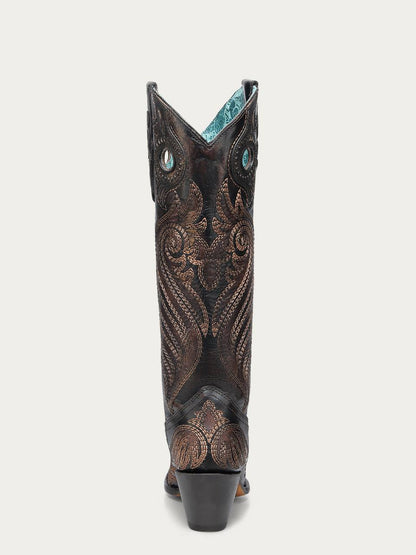 Women's Corral Black Genuine Leather Boots with Honey Overlay Pull Holes Rubber Apllication & Embroidery Tall Top