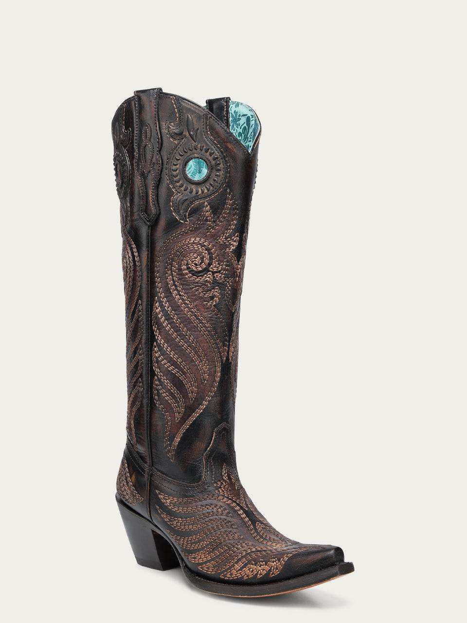 Women's Corral Black Genuine Leather Boots with Honey Overlay Pull Holes Rubber Apllication & Embroidery Tall Top