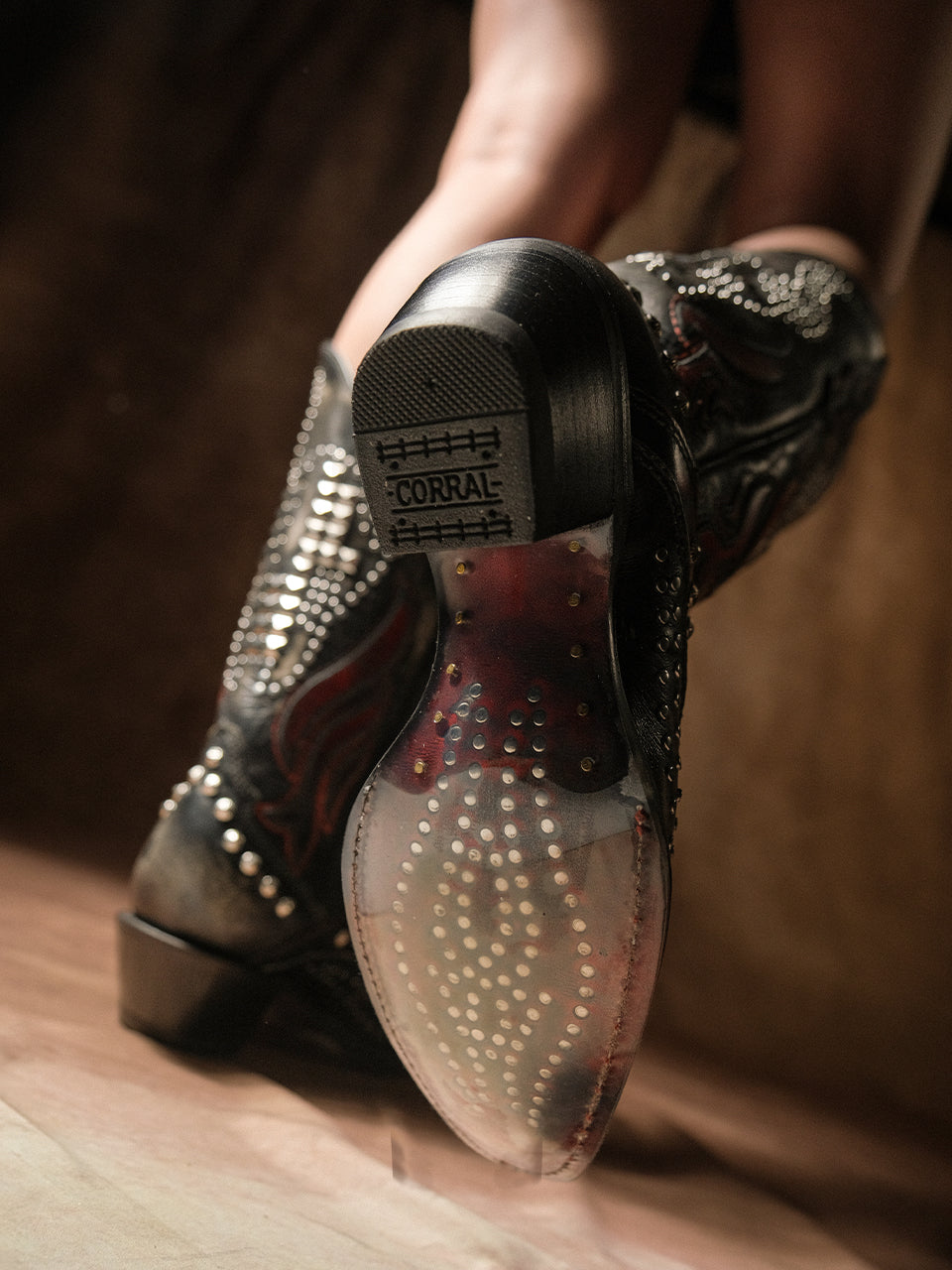 Women's Corral Black Genuine Leather Boots with Bone Overlay & Embroidery & Bull Skull Studs
