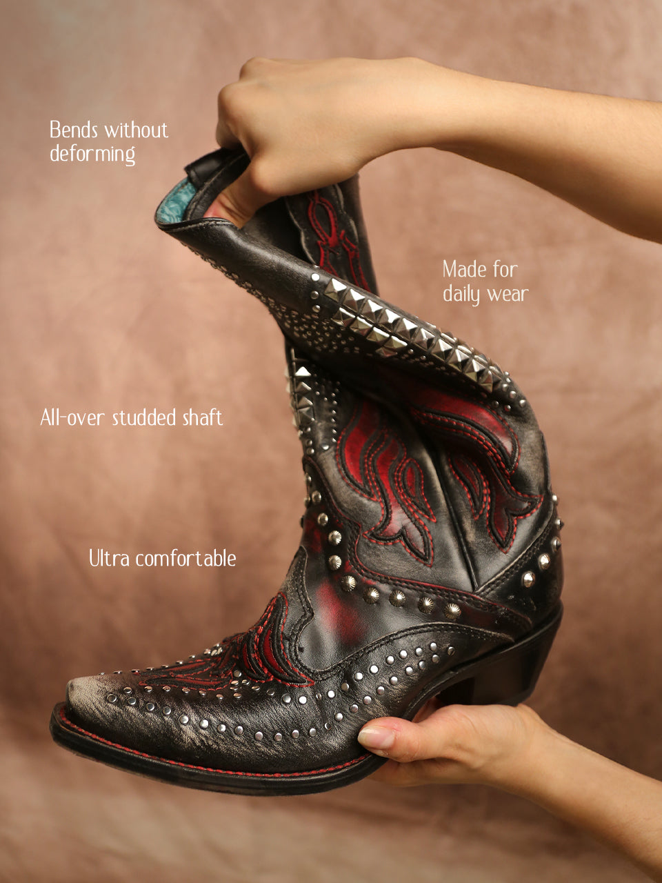 Women's Corral Black Genuine Leather Boots with Bone Overlay & Embroidery & Bull Skull Studs