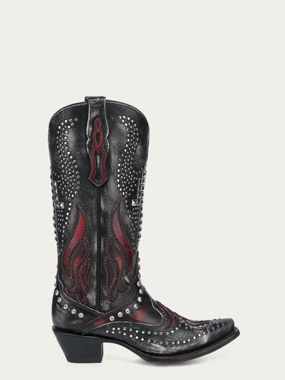 Women's Corral Black Genuine Leather Boots with Bone Overlay & Embroidery & Bull Skull Studs