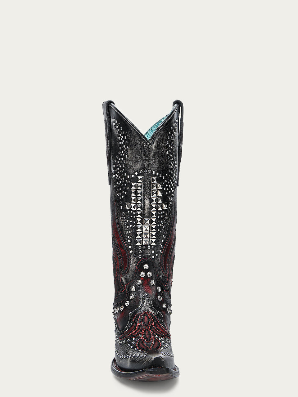 Women's Corral Black Genuine Leather Boots with Bone Overlay & Embroidery & Bull Skull Studs