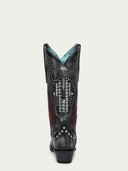 Women's Corral Black Genuine Leather Boots with Bone Overlay & Embroidery & Bull Skull Studs