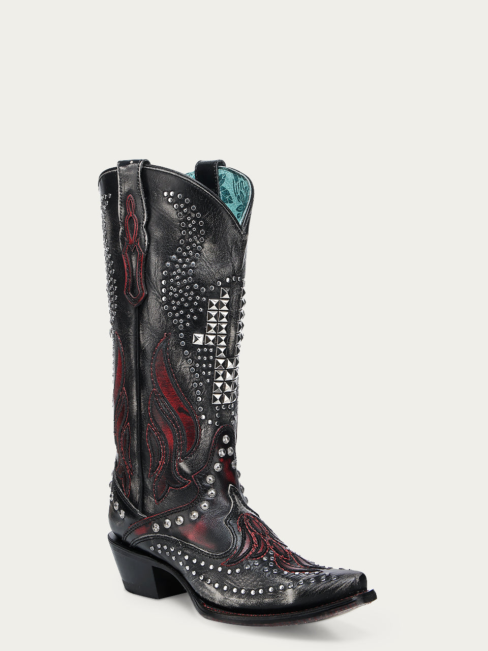 Women's Corral Black Genuine Leather Boots with Bone Overlay & Embroidery & Bull Skull Studs