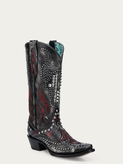 Women's Corral Black Genuine Leather Boots with Bone Overlay & Embroidery & Bull Skull Studs