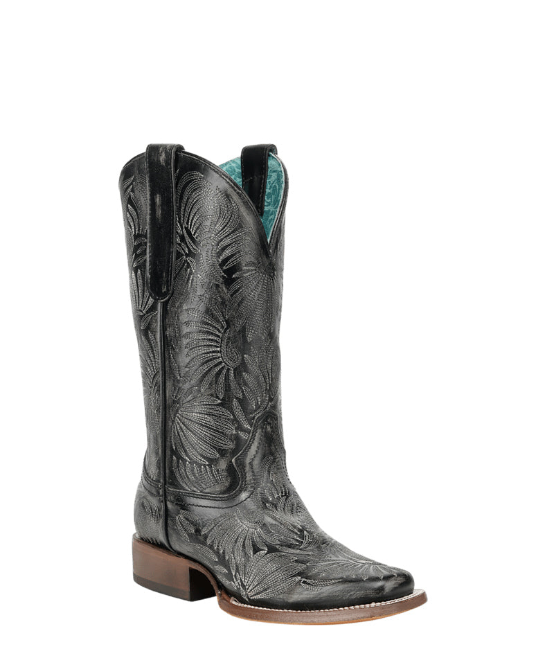 Women's Corral Black Genuine Leather Boots with Distressed Floral Petal Embroidery