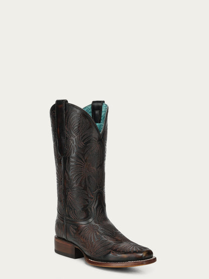 Women's Corral Black Genuine Leather Boots with Floral Petal Embroidery