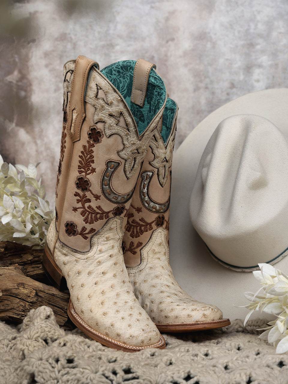 Women's Corral Ivory Genuine Full Quill Ostrich Boots with Horseshoe Overlay & Embroidery & Handwoven