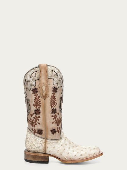 Women's Corral Ivory Genuine Full Quill Ostrich Boots with Horseshoe Overlay & Embroidery & Handwoven