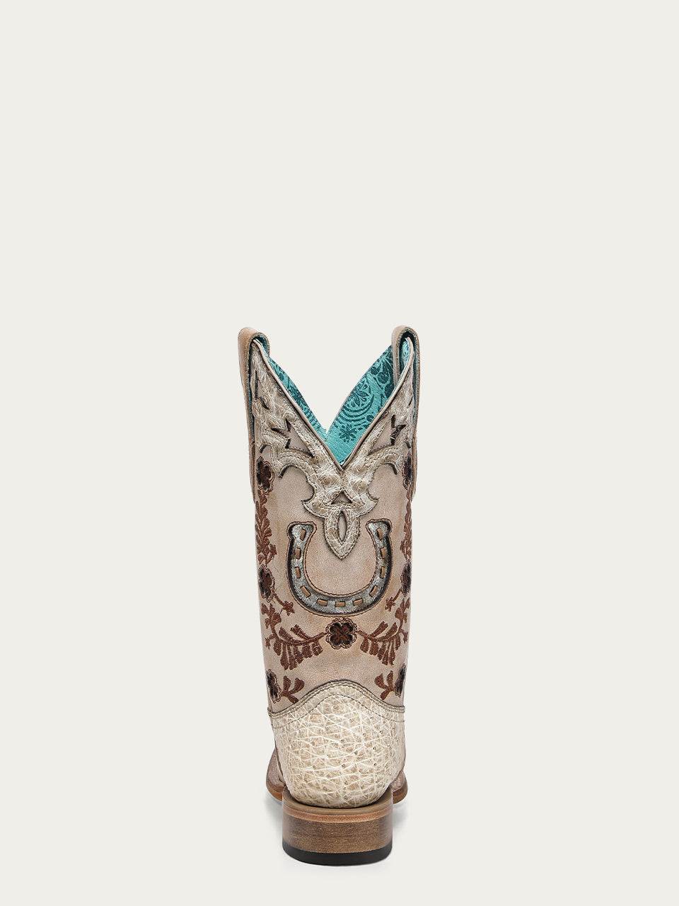 Women's Corral Ivory Genuine Full Quill Ostrich Boots with Horseshoe Overlay & Embroidery & Handwoven