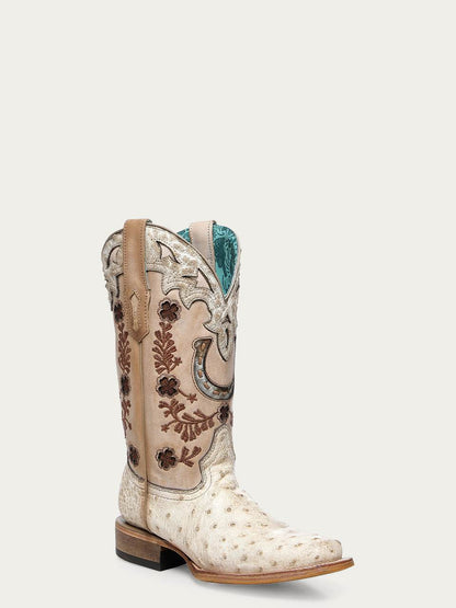 Women's Corral Ivory Genuine Full Quill Ostrich Boots with Horseshoe Overlay & Embroidery & Handwoven