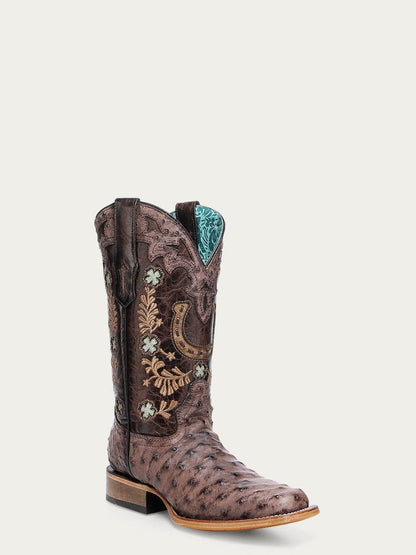 Women's Corral Brown Genuine Full Quill Ostrich Boots with Horseshoe Overlay & Embroidery & Handwoven