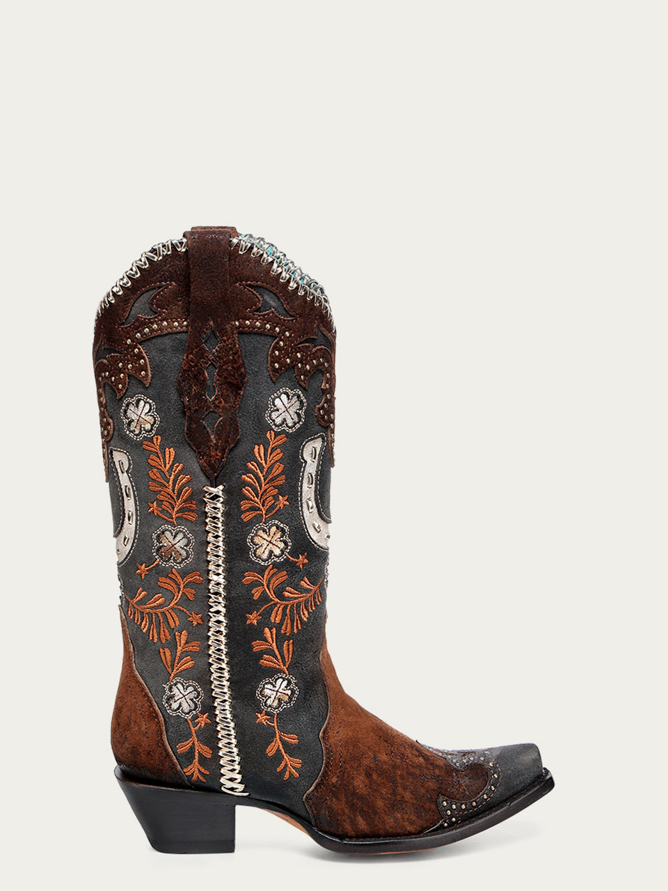 Women's Corral Brown Genuine Leather Boots with Horseshoe Overlay & Embroidery & Studs & Handwoven