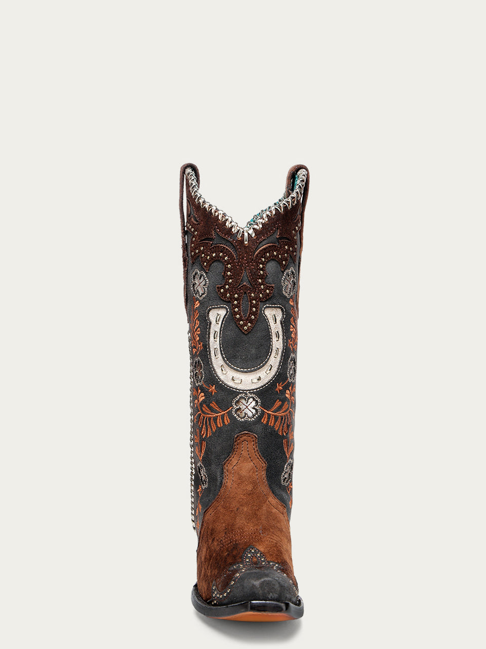 Women's Corral Brown Genuine Leather Boots with Horseshoe Overlay & Embroidery & Studs & Handwoven