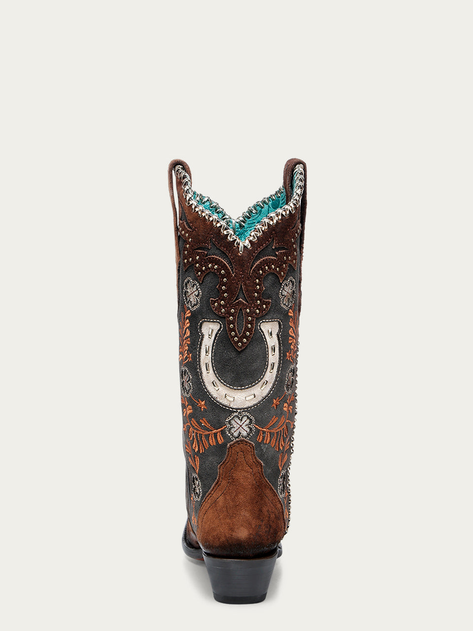 Women's Corral Brown Genuine Leather Boots with Horseshoe Overlay & Embroidery & Studs & Handwoven