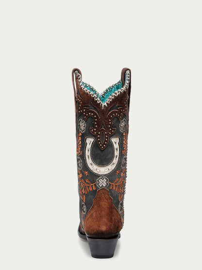 Women's Corral Brown Genuine Leather Boots with Horseshoe Overlay & Embroidery & Studs & Handwoven