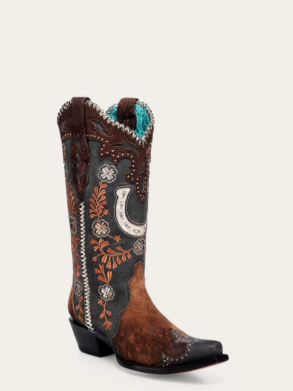 Women's Corral Brown Genuine Leather Boots with Horseshoe Overlay & Embroidery & Studs & Handwoven