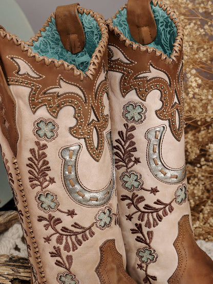 Women's Corral Honey Genuine Leather Boots with Horseshoe Overlay & Embroidery & Studs & Handwoven