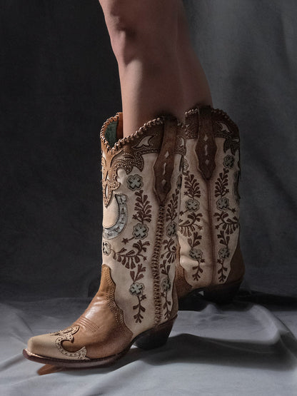 Women's Corral Honey Genuine Leather Boots with Horseshoe Overlay & Embroidery & Studs & Handwoven