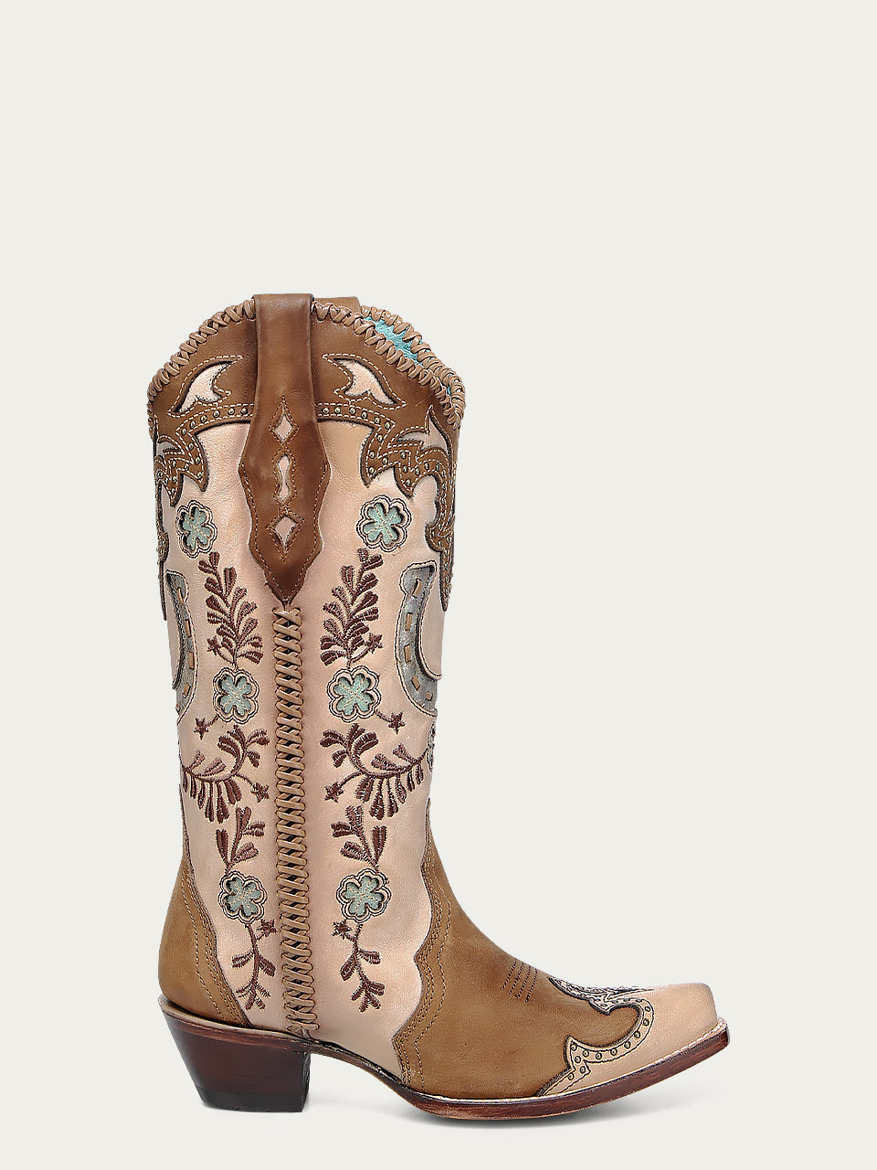 Women's Corral Honey Genuine Leather Boots with Horseshoe Overlay & Embroidery & Studs & Handwoven