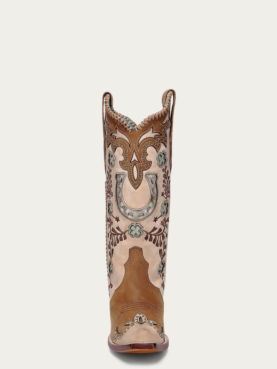 Women's Corral Honey Genuine Leather Boots with Horseshoe Overlay & Embroidery & Studs & Handwoven