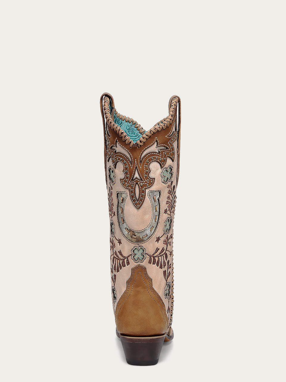 Women's Corral Honey Genuine Leather Boots with Horseshoe Overlay & Embroidery & Studs & Handwoven