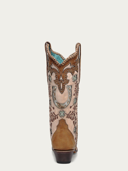 Women's Corral Honey Genuine Leather Boots with Horseshoe Overlay & Embroidery & Studs & Handwoven