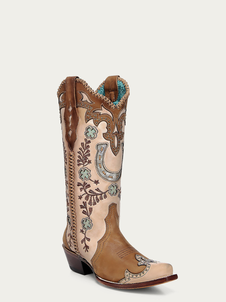 Women's Corral Honey Genuine Leather Boots with Horseshoe Overlay & Embroidery & Studs & Handwoven