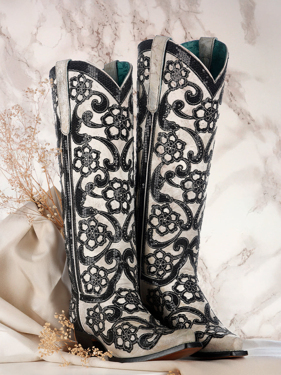 Women's Corral White Genuine Leather Boots with Overlay & SEQUIN-EMBROIDERY Floral Patterns Tall Top