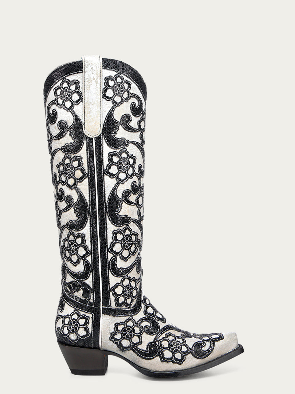 Women's Corral White Genuine Leather Boots with Overlay & SEQUIN-EMBROIDERY Floral Patterns Tall Top