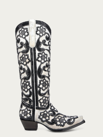 Women's Corral White Genuine Leather Boots with Overlay & SEQUIN-EMBROIDERY Floral Patterns Tall Top