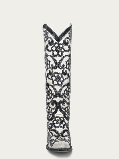 Women's Corral White Genuine Leather Boots with Overlay & SEQUIN-EMBROIDERY Floral Patterns Tall Top